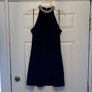 CeCe Black Mini Dress with Pearl Accents